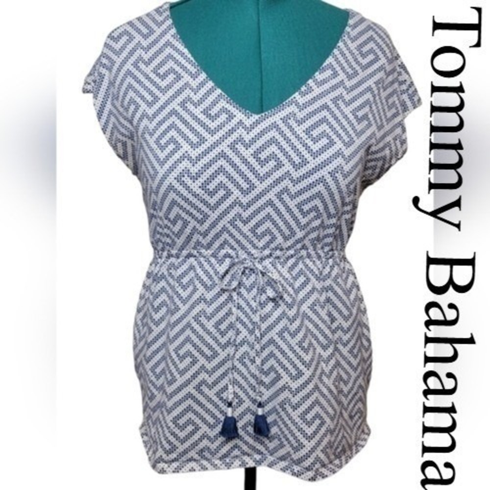 Tommy Bahama Top Womens Medium Blue Cotton Modal Geometric Drawstring Tunic Boho